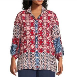 John Mark Women's Floral Red White Blue Top Boho Tunic 3/4 Sleeve